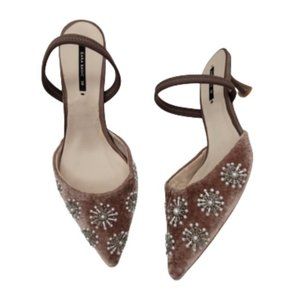 Zara Velvet Beaded Pearl Starburst Slingback Kitten Heels, Sz 38